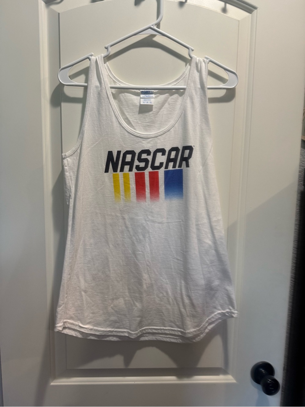Nascar White Tank Top with Yellow Red Blue Stripes